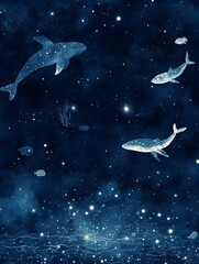 Fototapeta premium Ethereal Underwater Galaxy with Glowing Aquatic Creatures Swimming Amidst Stars and Nebula