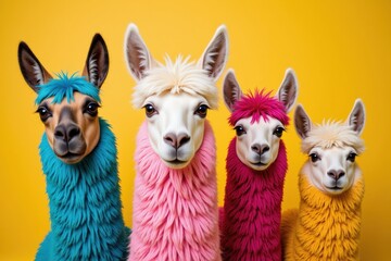Obraz premium A Playful Group of Colorful Llamas Posing Against a Bright Yellow Background, Showcasing Their Unique Fur Styles and Friendly Expressions