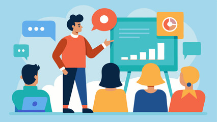 Social Media Workshops An illustration showing the strategist leading a workshop with participants learning about effective social media selling techniques.