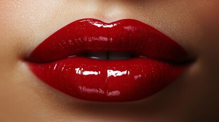 Close-up view of lip injections highlighting a beauty procedure to enhance lip shape and volume with a glossy red finish
