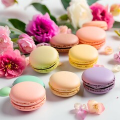 Fototapeta premium Rainbow Macarons with Flowers – Aesthetic and Elegant Dessert