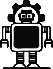 Vector illustration of a robot with a laptop. Minimalistic Black and White Robot Illustration with Gear Head – Mechanical and Industrial Design Concept
