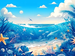 Vibrant Tropical Underwater Ocean Seascape with Coral Reef and Abundant Marine Life