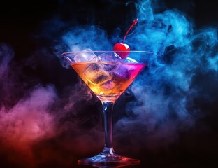 Smoky cocktail, cherry garnish, dark background, nightlife, menu photography
