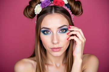 Naklejka premium A Young Caucasian Woman with a Floral Headband and Vibrant Makeup Poses Against a Pink Background, Showcasing Expressive Eye Makeup and Stylish Nails