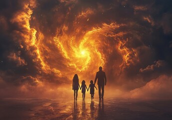 Family Silhouette in Cosmic Scene