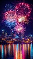 Fototapeta premium Festive fireworks explode over city skyline