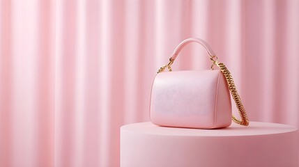 Elegant Pink Handbag Displayed on Circular Podium Against Soft Pink Background