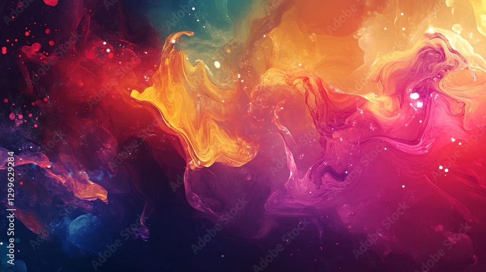 Poster abstract fluid art with vibrant colors and ethereal cosmic elements creating a dreamy background