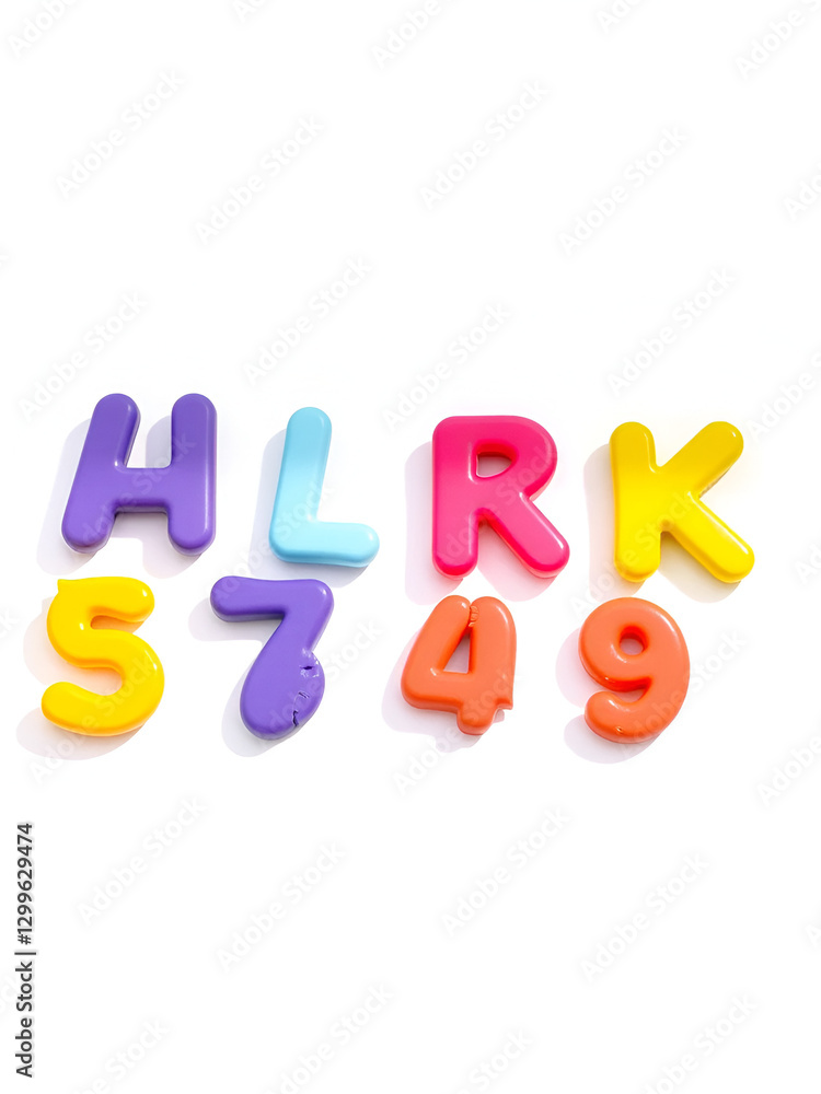 Fototapete Set of cute colored letters and numbers with 3d effect isolated on white background.