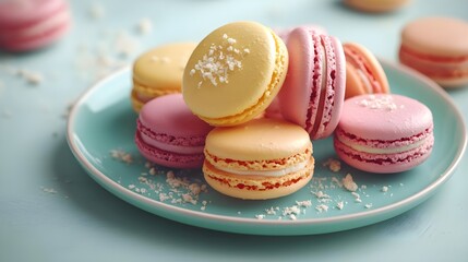 Fototapeta premium Colorful Macarons Stacked on Pastel Blue Plate in Bright Light