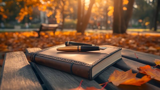 Autumn Afternoon Writing in a Park with Fountains and Colorful Leaves