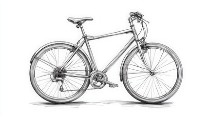 Detailed black and white drawing of a classic bicycle on a white background