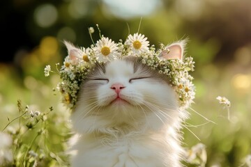 Cute baby cat turkish van wearing savage flower circlet on its head. Vacation time happiness. Dawn...