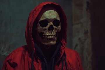 Skull-masked person in red hoodie, grunge background. Halloween costume