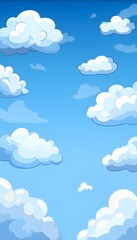Cartoon illustration depicts a blue sky filled with fluffy white clouds