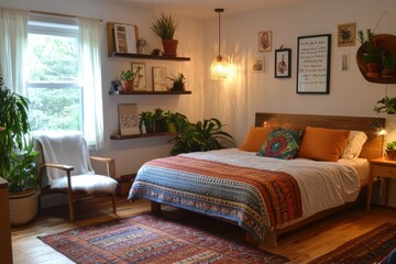 Cozy bedroom with plants, wood furniture, and ethnic rug.