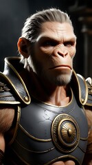 Fototapeta premium Mighty warrior ape in futuristic armor with intricate gold details, standing in a dark cinematic setting. Strong and fierce expression, blending fantasy and sci-fi aesthetics.