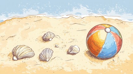 Obraz premium Seaside serenity: Shells and playful ball on a tranquil summer beach