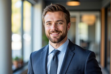 Fototapeta premium Confident Young Adult Caucasian Male Professional in Business Attire Smiling in Modern Office Environment with Natural Light