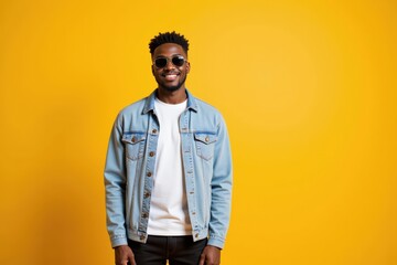 Fototapeta premium A Young African American Man with Glasses Smiling Against a Bright Yellow Background, Wearing a Denim Jacket and Casual Attire, Exuding Confidence and Joy