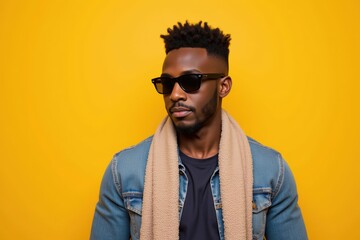 Fototapeta premium A confident young Black man in sunglasses and denim jacket poses stylishly against a bright yellow background, exuding a relaxed and trendy vibe.