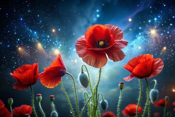 Obraz premium Night Blooming Poppy Flowers - Vibrant Red Petals Under Dark Sky