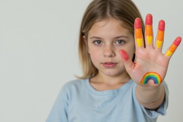 A Young Caucasian Girl Showcasing Her Colorful Rainbow Hand Painting, Emphasizing Creativity and Self-Expression in a Light and Bright Environment