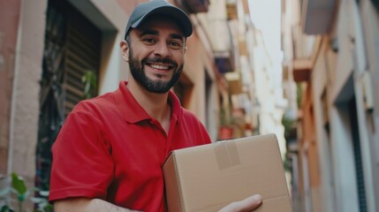 Obraz premium Smiling, the courier unloads boxes from a van, demonstrating the smooth process of online shopping and tech-driven city deliveries.