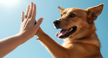 Dog High Five with Human Hand Against Bright Blue Sky