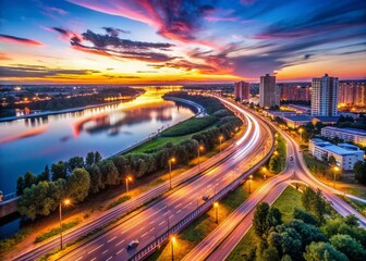 Fototapeta premium Nightfall Timelapse in Naberezhnye Chelny: Kama River Intersection