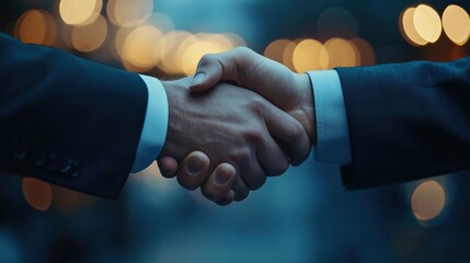Two businessmen shaking hands after reaching an agreement, concluding a successful negotiation in a blurred urban night background with bokeh lights