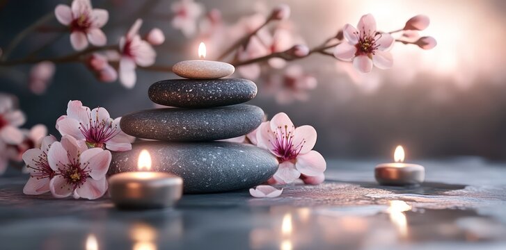 Serene spa stones, candles, blossoms. Wellness, tranquility