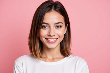 Fototapeta premium Young Woman with Shoulder-Length Dark Hair and a Warm Smile Posing Against a Soft Pink Background, Exuding Confidence and Approachability