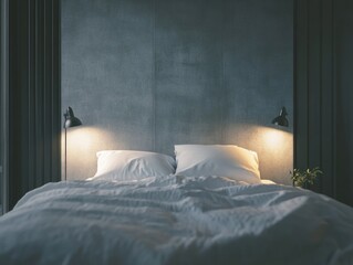 Cozy bedroom with unmade bed, concrete wall, and lamps.