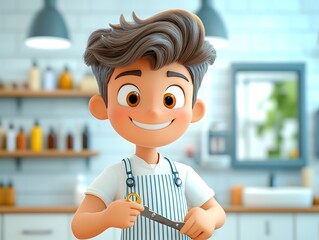 Cheerful young boy cutting hair at a bright barbershop cartoon style