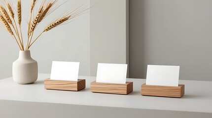 Minimalist wooden card holders with blank white cards arranged on a modern table, ideal for menu display, name tags, or signage in cafes, restaurants, or offices.

