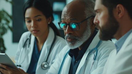 Doctors and healthcare professionals are working together, analyzing medical data on a tablet, discussing patient diagnosis and treatment plans in a modern hospital setting