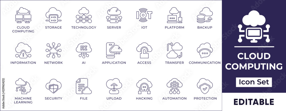 Poster flat icon set representing cloud computing, cloud storage, cybersecurity, data encryption, servers, 