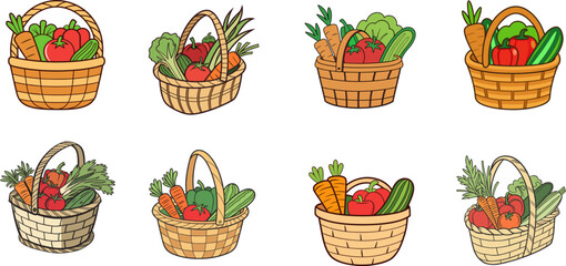 Cute Simple Artistic Vegetable Baskets Vector Illustration Set.