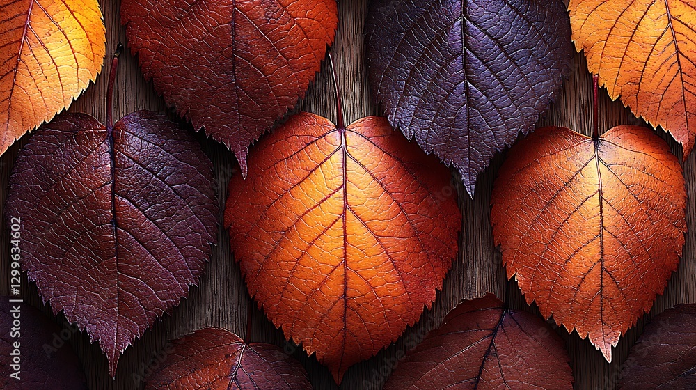 Poster autumnal array of colorful fallen leaves on rustic wooden surface with seasonal transition theme dis
