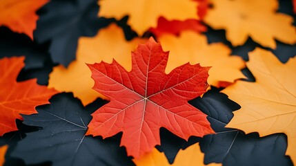 Fototapeta premium Autumnal Symphony Maple Leaves in Red Orange Yellow Black Colors Fall Season Vibrant Display Backdrop