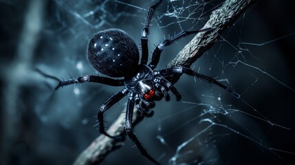Close-up of black spider with red markings on web in dark setting.