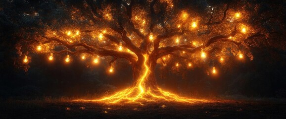 Glowing Illuminated Tree At Night