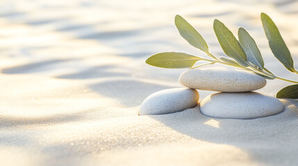 Fototapeta premium Tranquil Harmony A Sage Twig and Smooth Pebble Rocks Resting on Soft Sand with a Serene Botanical Backdrop and Peaceful Natural Atmosphere