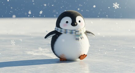 Cute Penguin Walking on Ice with Scarf in a Snowy Scene