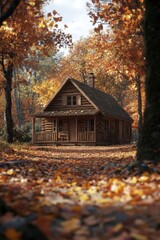 Cozy Log Cabin in Autumn Woods