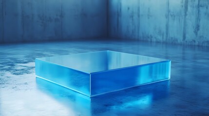 Abstract Blue Acrylic Block in Minimalist Industrial Setting Under Soft Lighting
