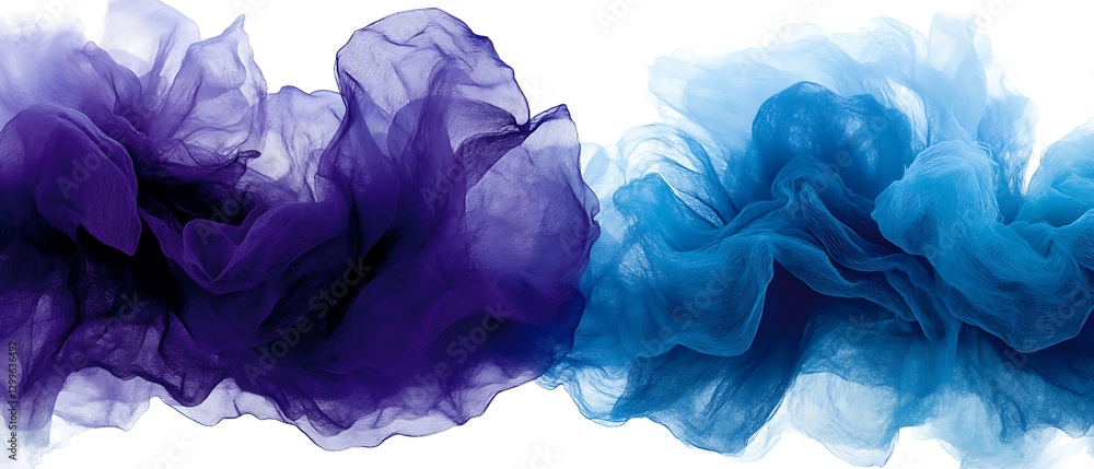 Poster ethereal waves of indigo and cyan forming fluid abstraction in translucent flowing fabric shapes