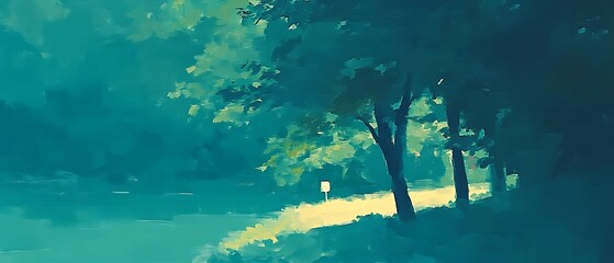 Obraz premium Ethereal Tranquility Scene of Trees Silhouetted in Serene Green Landscape Artwork Illustration